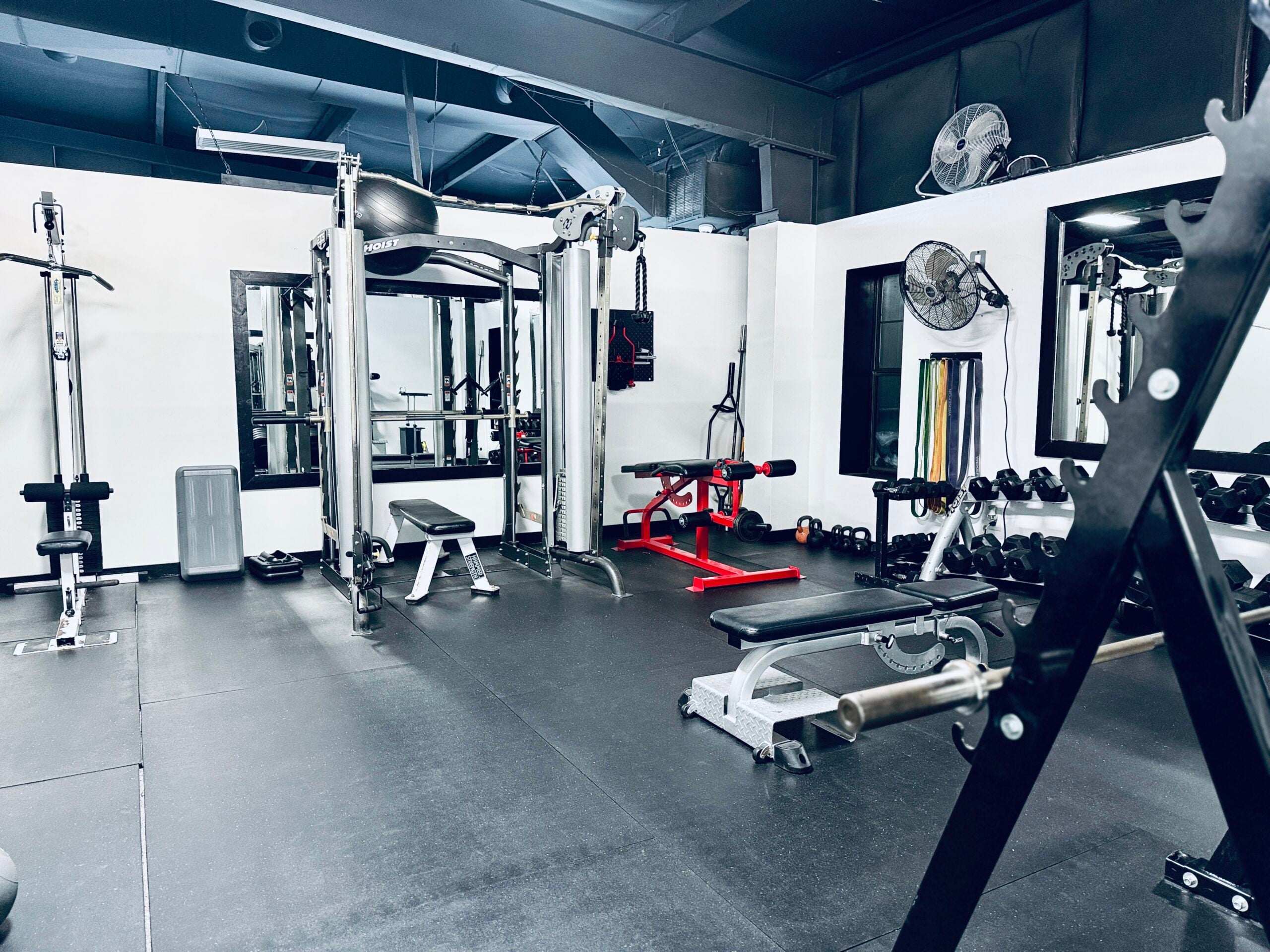 Boxing and cardio training area with heavy bags